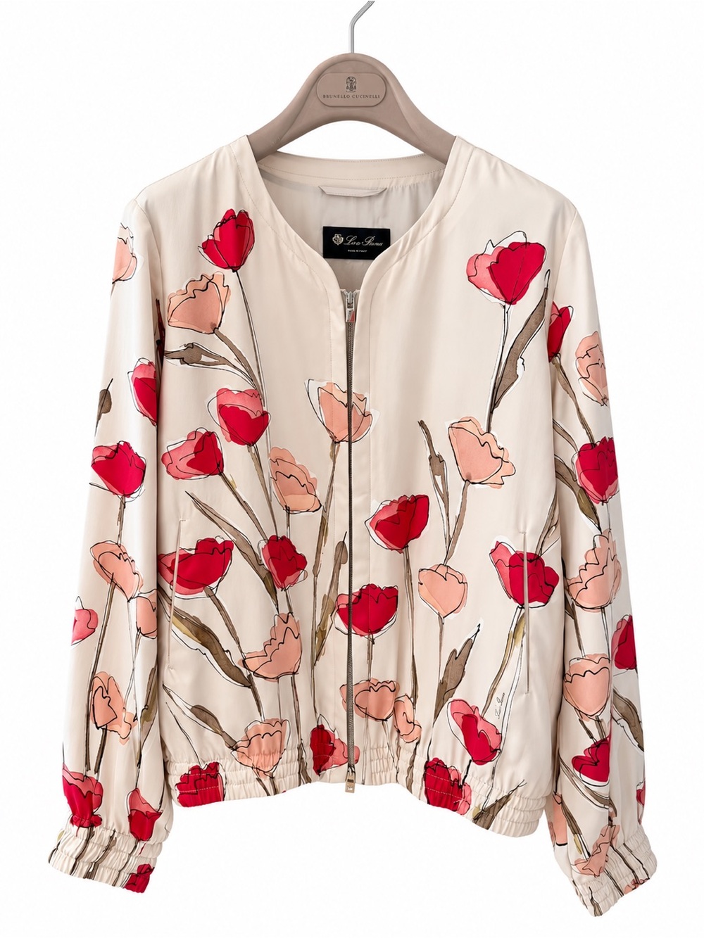 Loro Piana Cream Floral Bomber Jacket with Red & Pink Blossoms